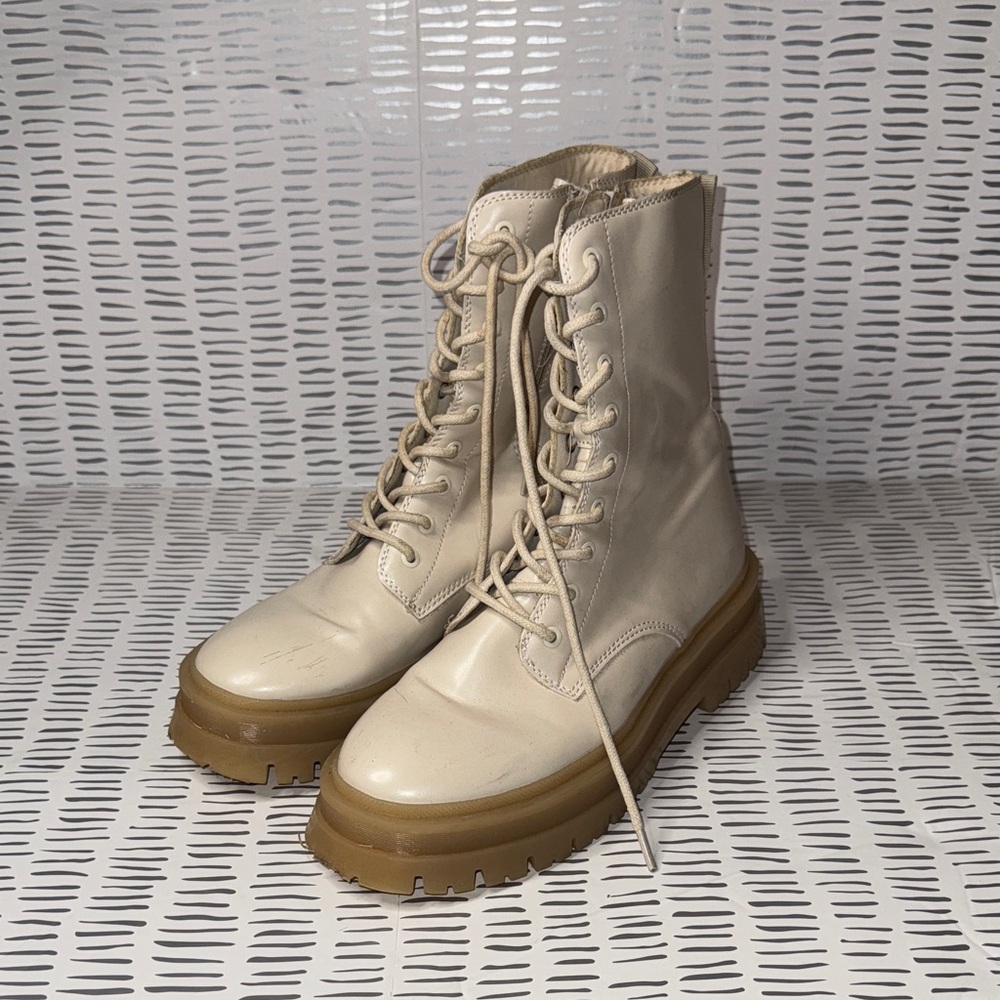 Olivia Miller Cream Lace-Up Combat Boots